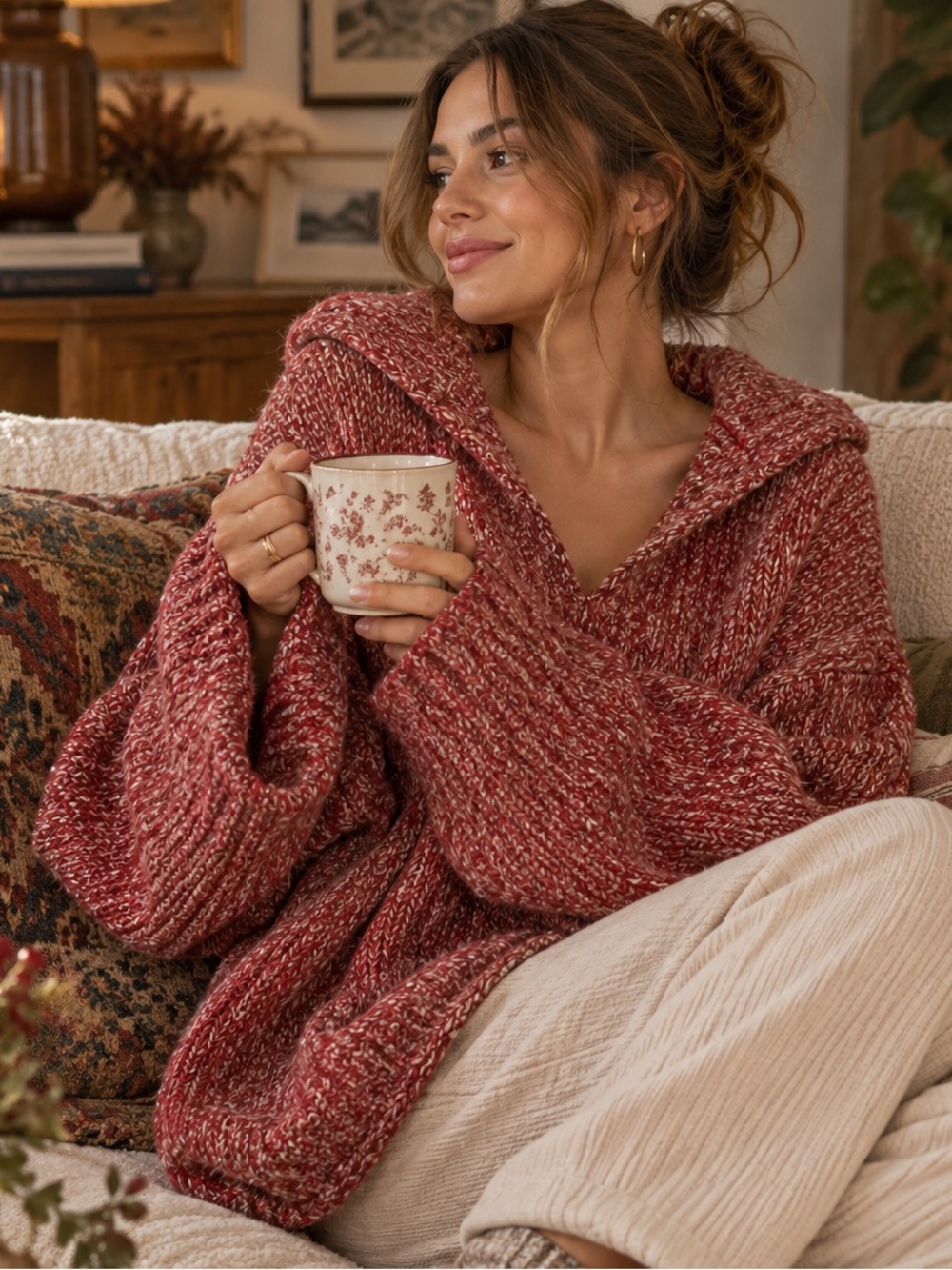 Red Marled Knit Sweater Oversized Wide Sleeve Slouchy Relaxed Boho Cozy Chic